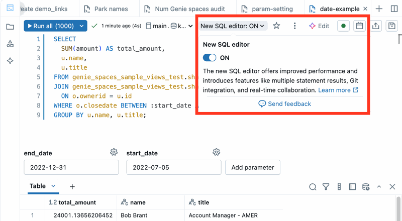 Capture d'écran montrant l'éditeur SQL avec le nouvel éditeur de requêtes désactivé