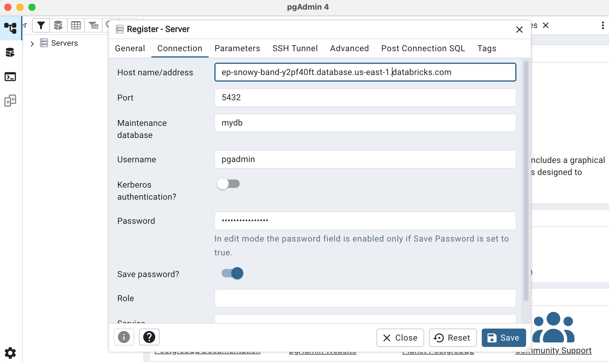 Détails de connexion pgadmin