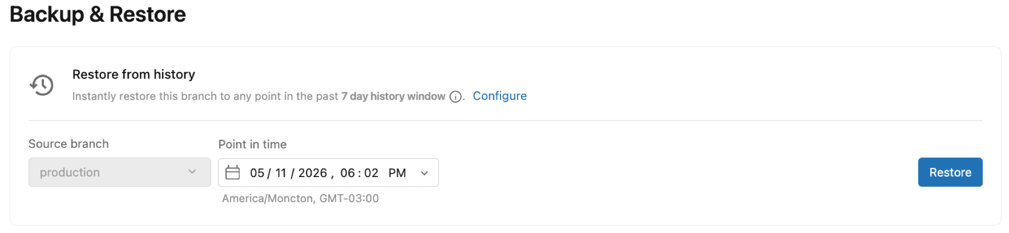 Restaurer depuis l'interface utilisateur de l'historique affichant la branch source et le sélecteur d'instant T.