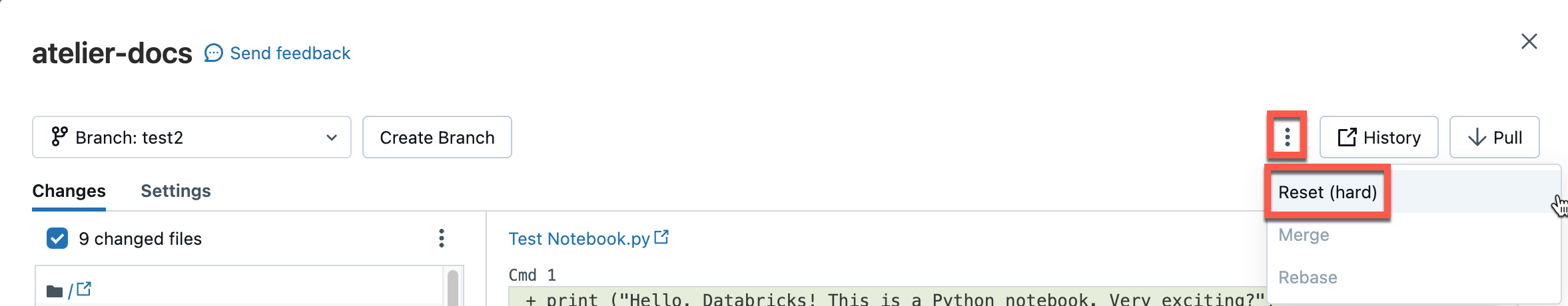 Opération de Git Reset sur le menu kebab.