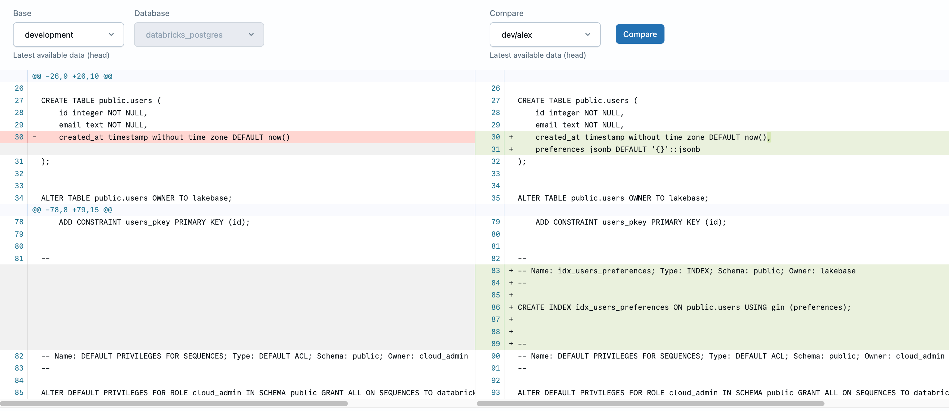 Différence de schéma montrant la colonne des préférences et l'index ajoutés à la branch dev/alex