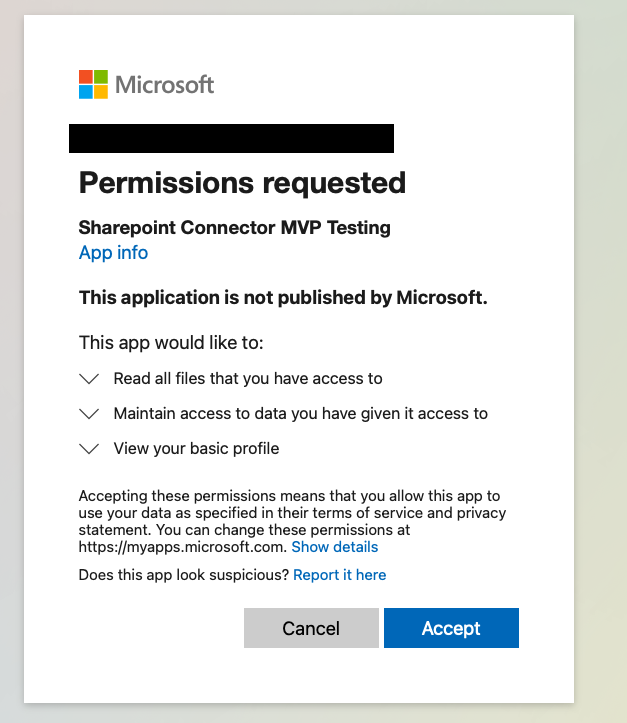 Boîte de dialogue des autorisations Microsoft demandées