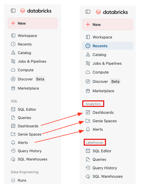 Workspace sidebar before and after the navigation updates.