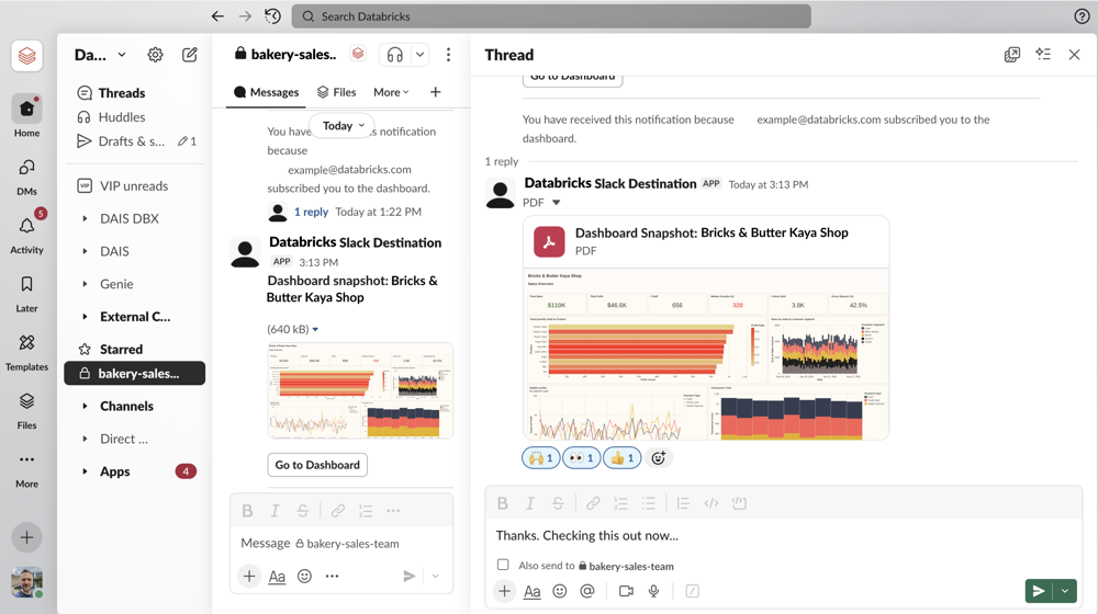 Exemple de notification Slack affichant un instantané du tableau de bord