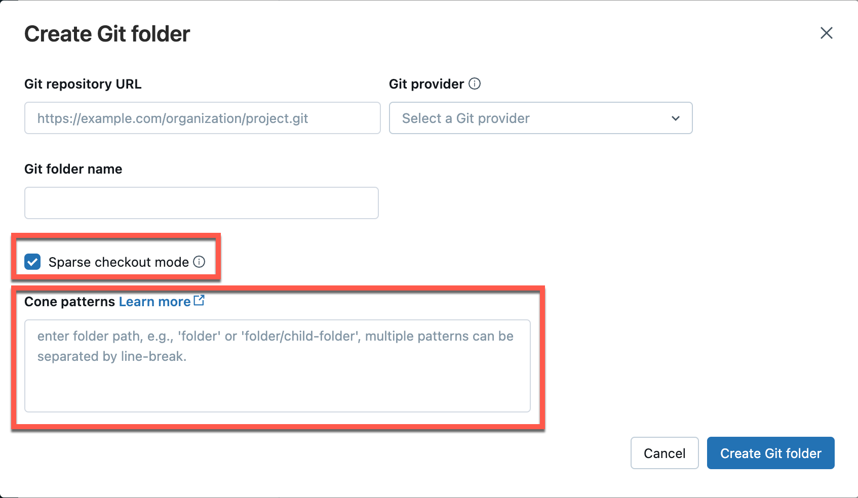Option de vérification éparse dans la boîte de dialogue Ajouter un dossier Git.
