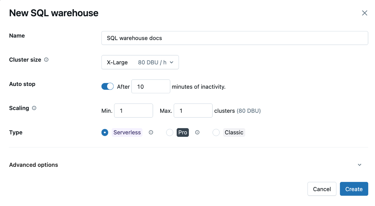 Configuration default du SQL Warehouse