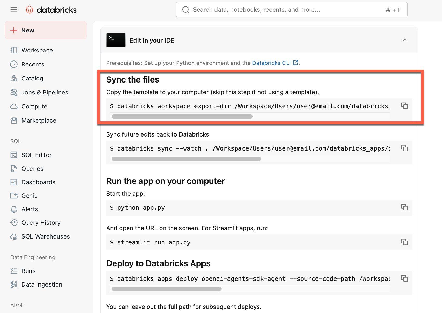 Synchroniser les fichiers Databricks Apps
