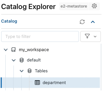 Utilisez l'Explorateur de catalogues pour trouver une table dans le catalogue du workspace.