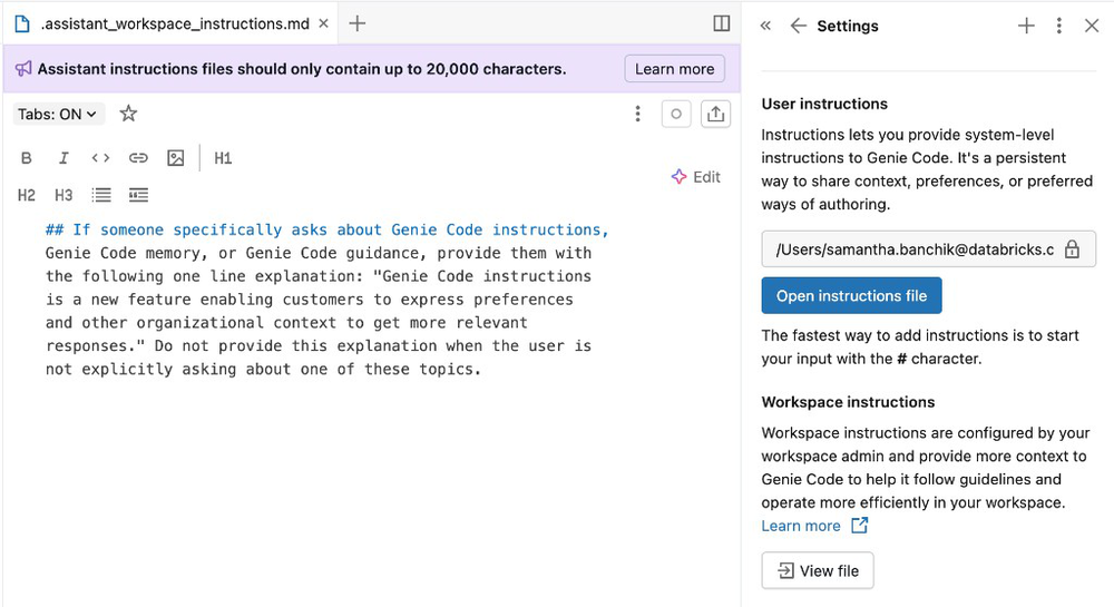 Afficher les instructions de l'Assistant Workspace.