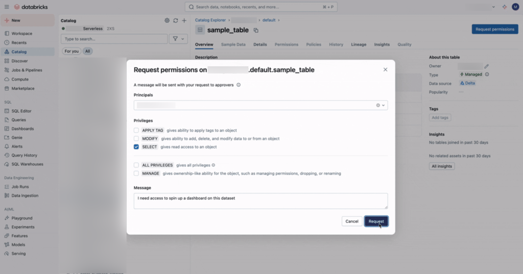 アクセス要求の機能が付いた Catalog Explorer オブジェクトページ。