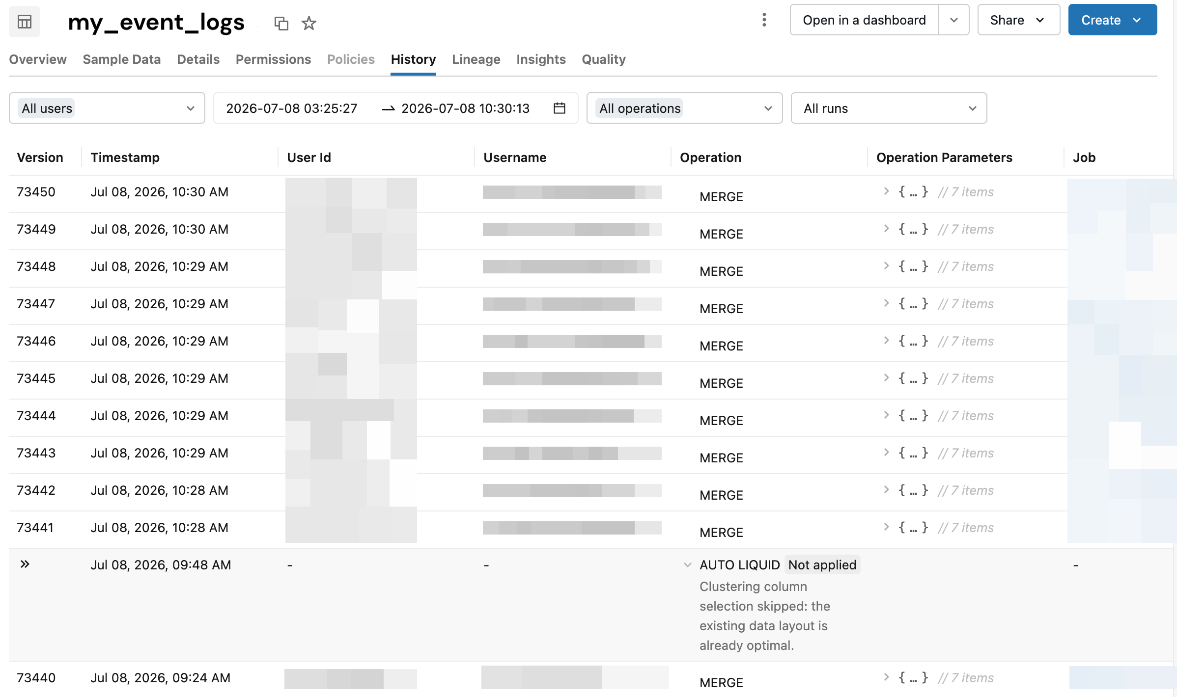 予測的最適化のスキップ理由を表示するCatalog Explorerの履歴タブ。