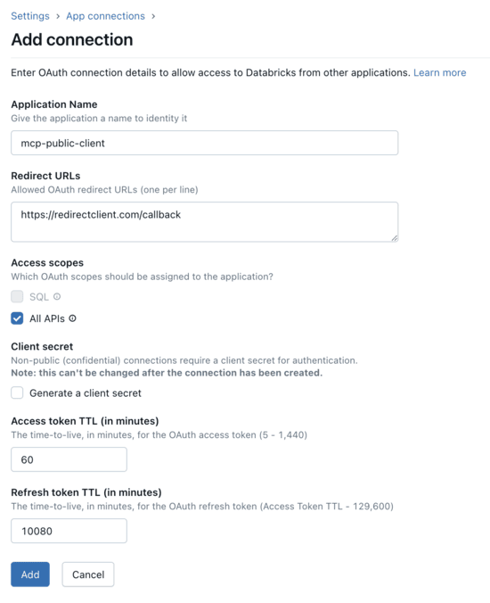 Configuração de conexões de aplicativos em Databricks