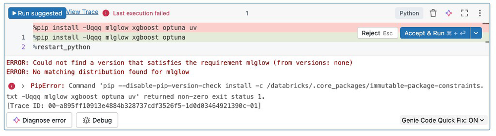 Captura de tela da interface de correção de bugs do Genie Code.