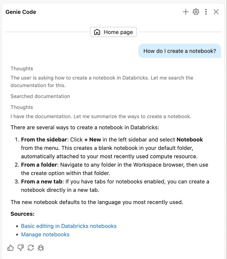 Uma resposta do Genie Code mostrando uma solução baseada em documentação.