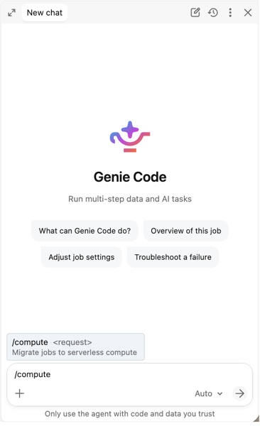 O painel do Genie Code com /compute digitado, mostrando o comando /compute no menu de preenchimento automático com a descrição Migrar jobs para o compute serverless