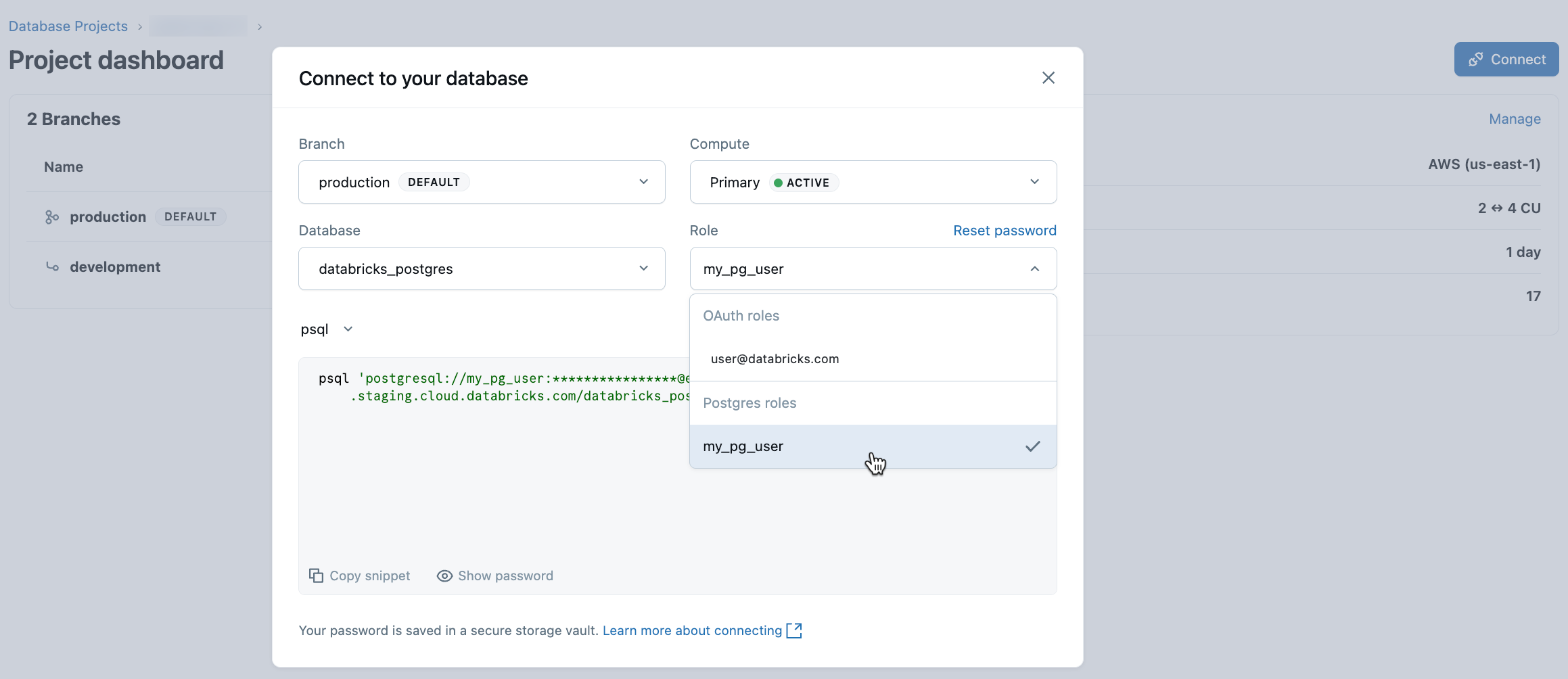 Diálogo de conexão de função do Postgres