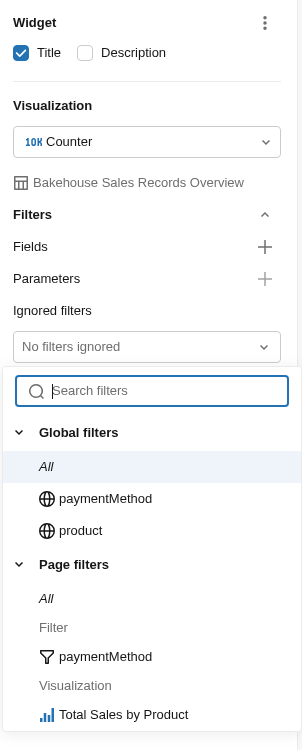 The Ignored filters picker open on a widget, showing the Global filters and Page filters tiers with the Filter and Visualization sub-groups.