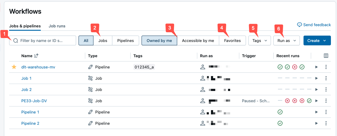 Jobs list view with the run status column highlighted