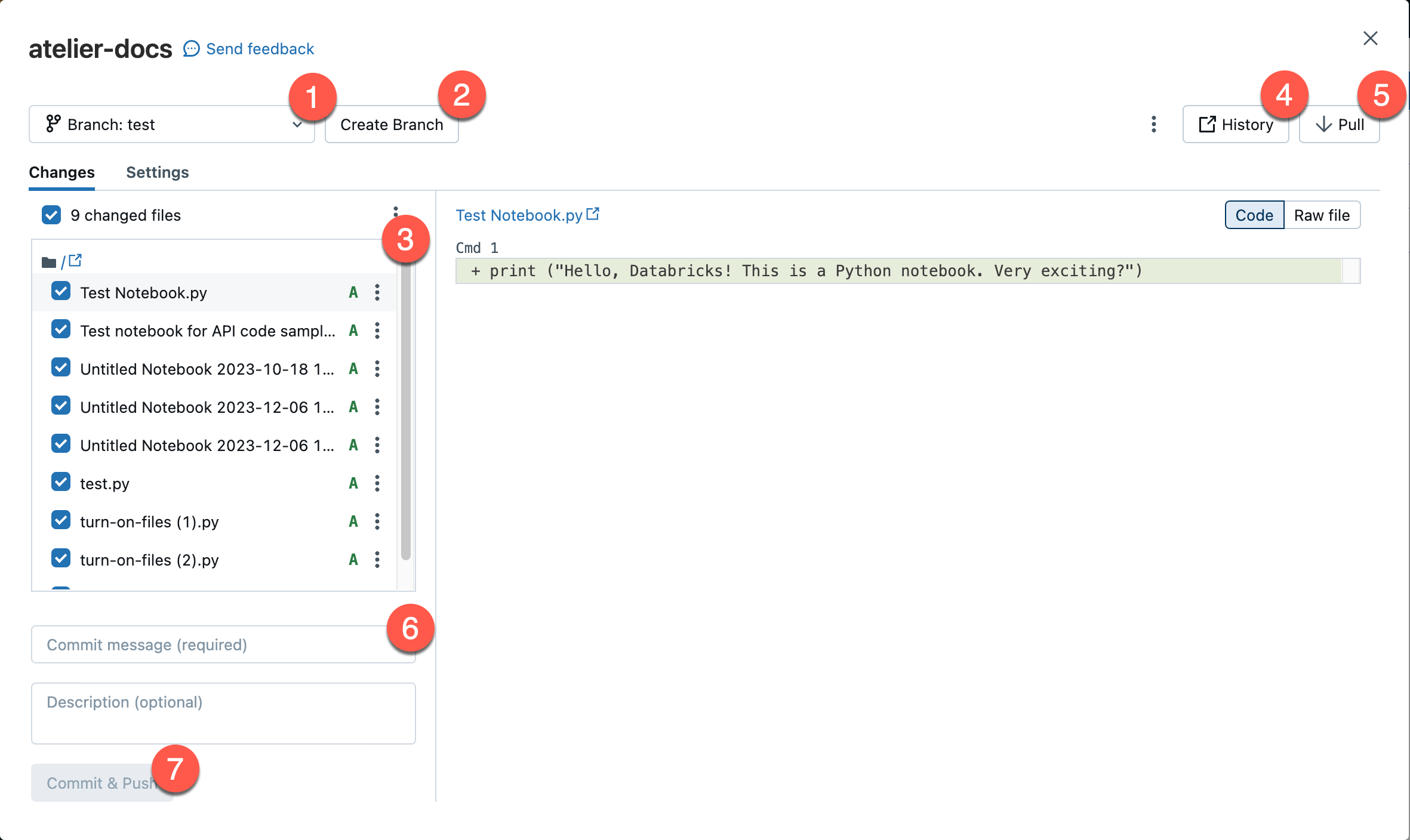 Databricks ワークスペースで Git 操作を実行するために使用されるダイアログ。