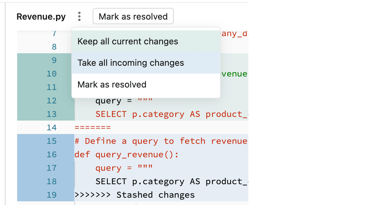 Databricks ノートブック UI のウィンドウ (マージ競合解決のドロップダウン オプションを表示)