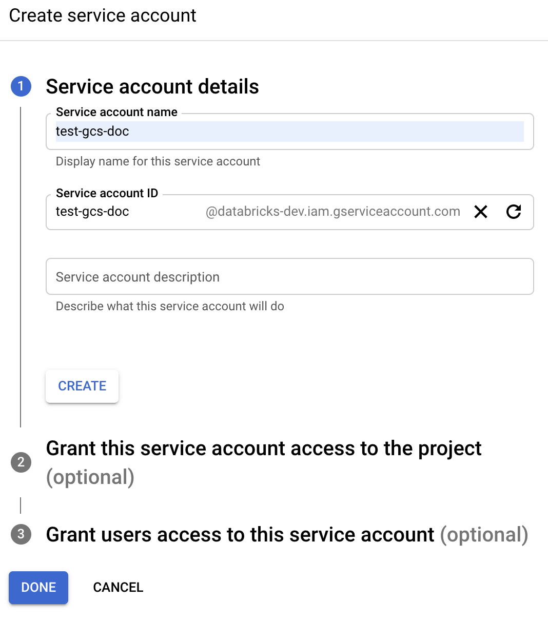 Google Create GCS のサービス アカウント