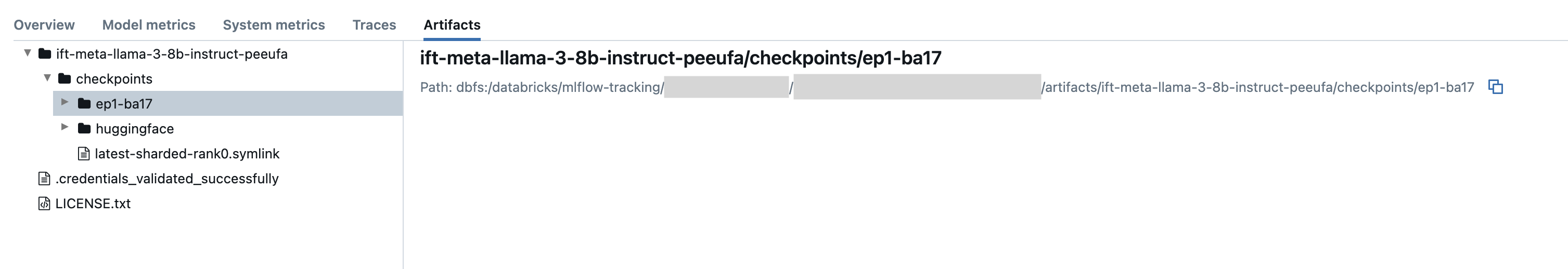 Tab Artefatos de uma execução anterior do MLflow