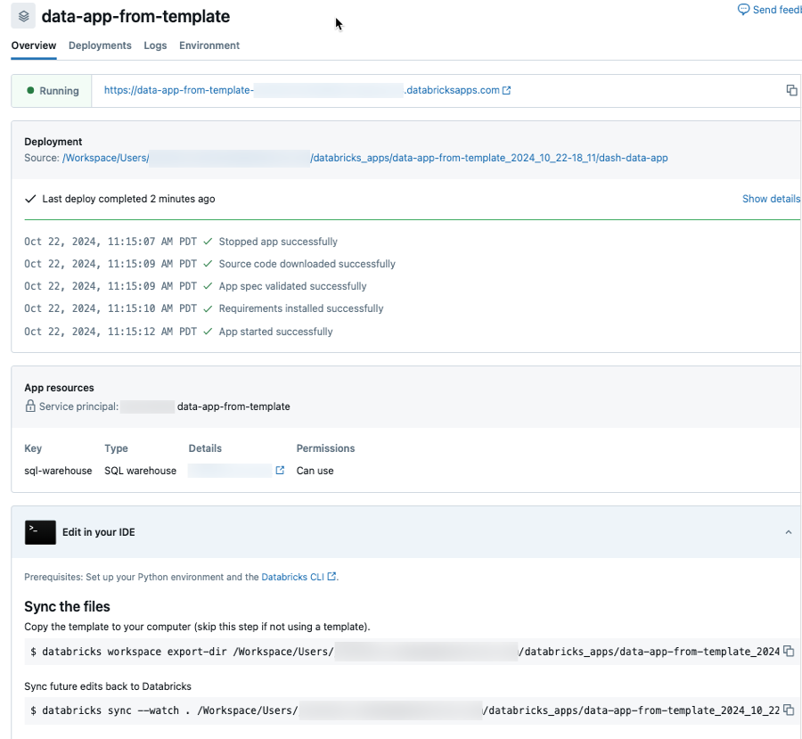 Veja os detalhes de um modelo de aplicativo Databricks