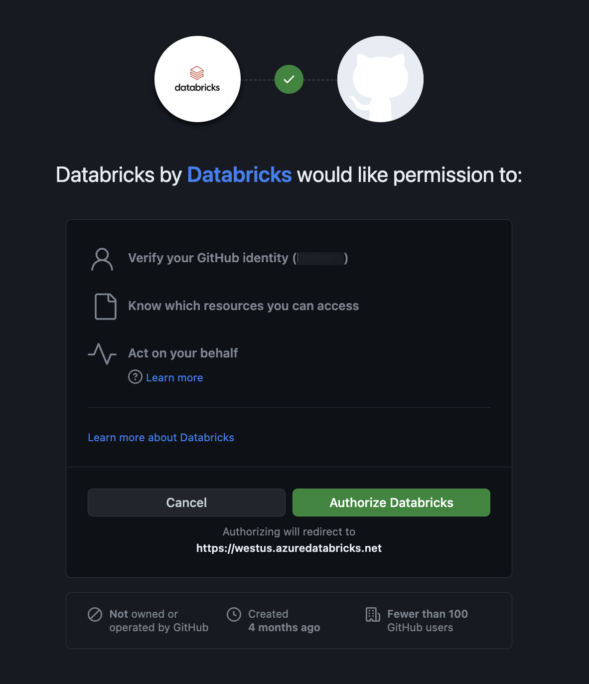 Página de autorização do aplicativo Databricks GitHub