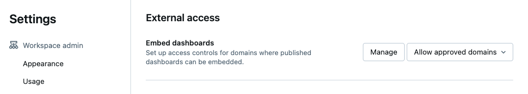 As configurações de administração do espaço de trabalho estão abertas no cabeçalho Embed Dashboards.