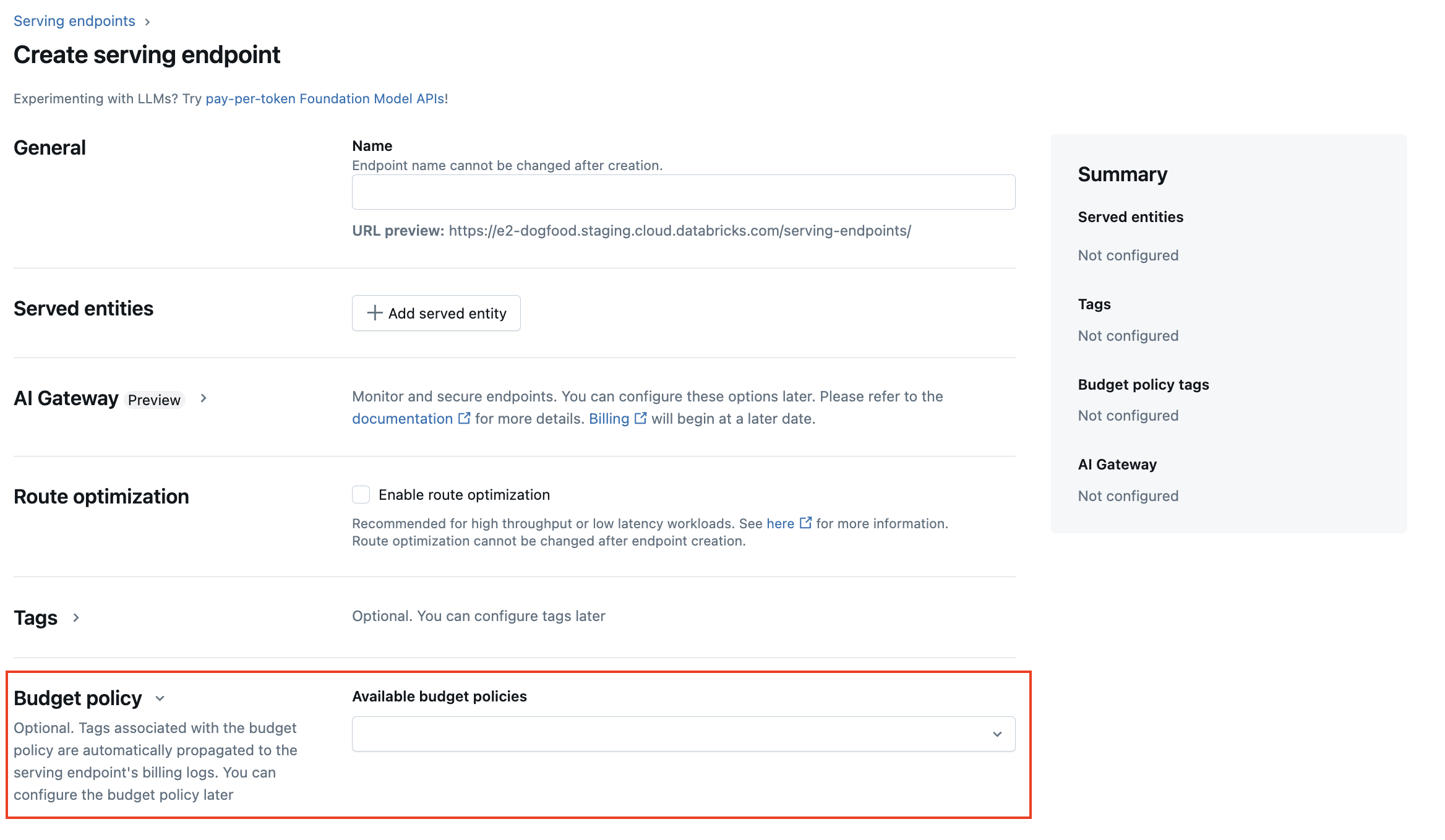 Adicione a política de orçamento durante a criação do modelo endpoint usando a UI de serviço.