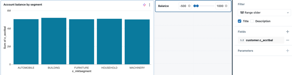 Um gráfico de barras mostrando os saldos do cliente account por segmento marketing com um filtro deslizante de intervalo que controla o intervalo de valores no gráfico. 