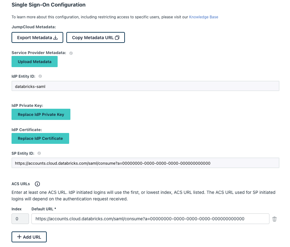 O JumpCloud configura URLs SAML.