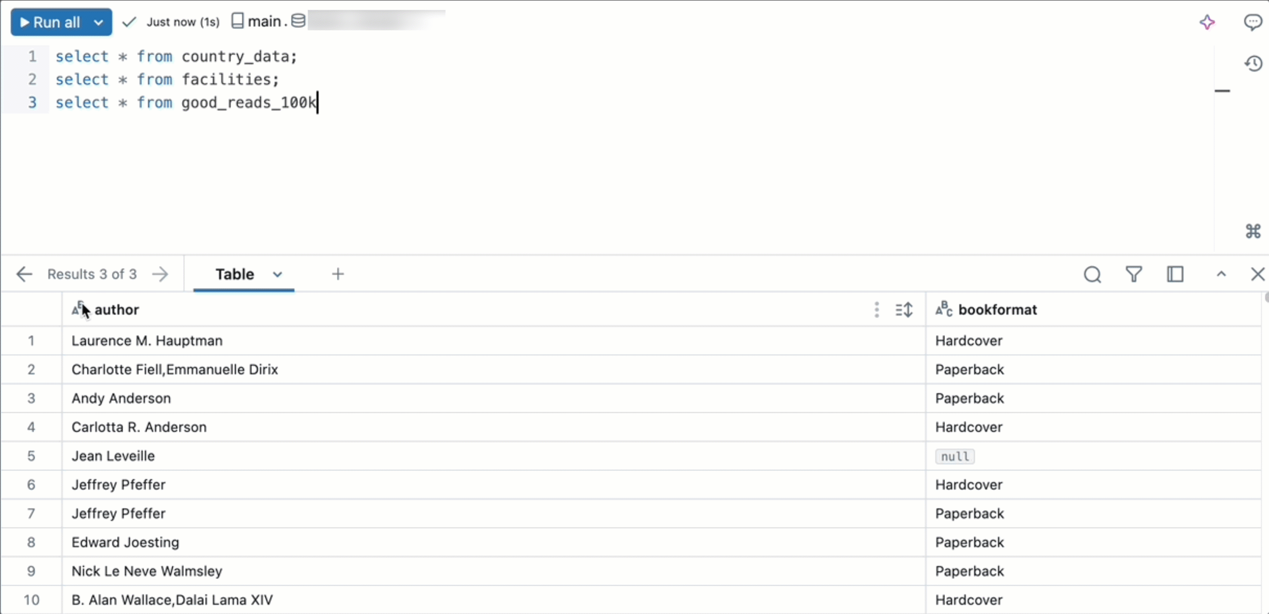 O novo editor SQL permite que o senhor percorra diferentes tabelas no painel de saída.