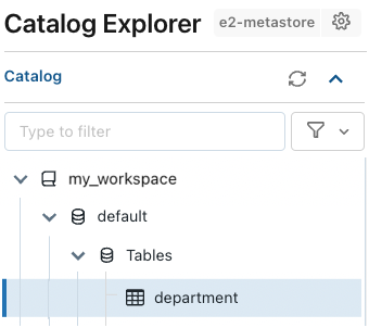 Use o Explorador de Catálogos para localizar uma tabela no catálogo do workspace