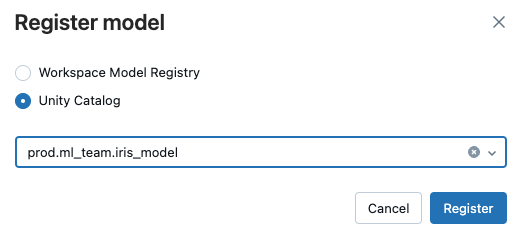 Diálogo de registro da versão do modelo com botão