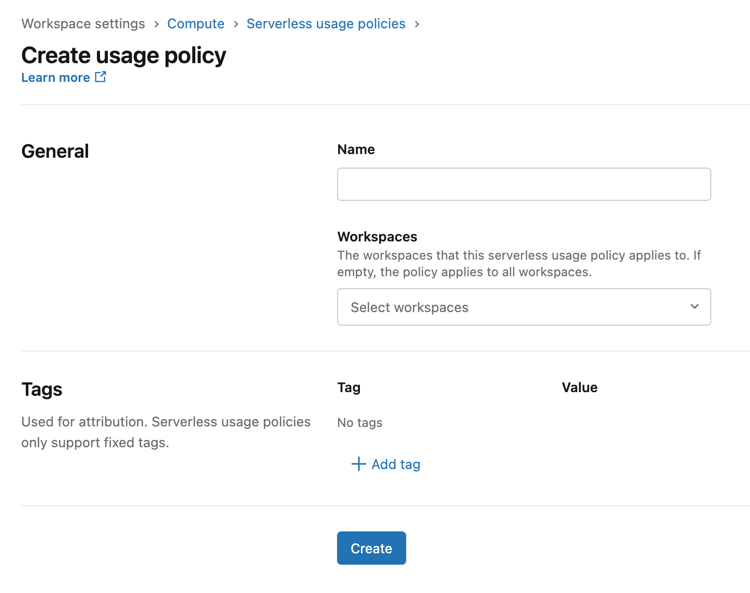 Interface utilisateur de la politique d'utilisation Serverless.